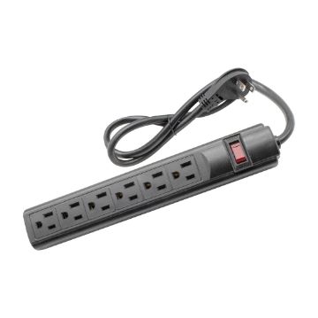 Picture of Steren 6-Outlet, Plastic Surge Protector Strip, 3ft Cord, Right Angle Plug, 240 Joules, Black