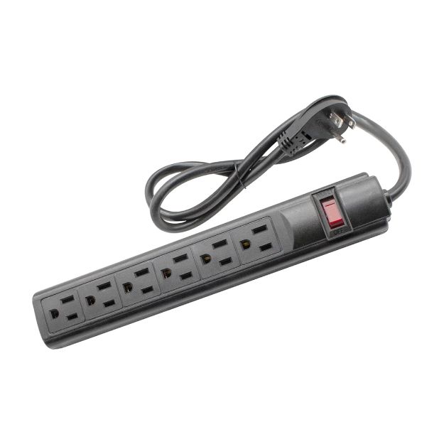 Picture of Steren 6-Outlet, Plastic Surge Protector Strip, 3ft Cord, Right Angle Plug, 240 Joules, Black