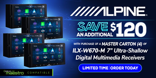 Save an additional $120 on the purchase of a master carton (4) Alpine 7-inch Ultra-Shallow Digital Multimedia Receivers with iDatalink Maestro compatibility...Limited time...Order today