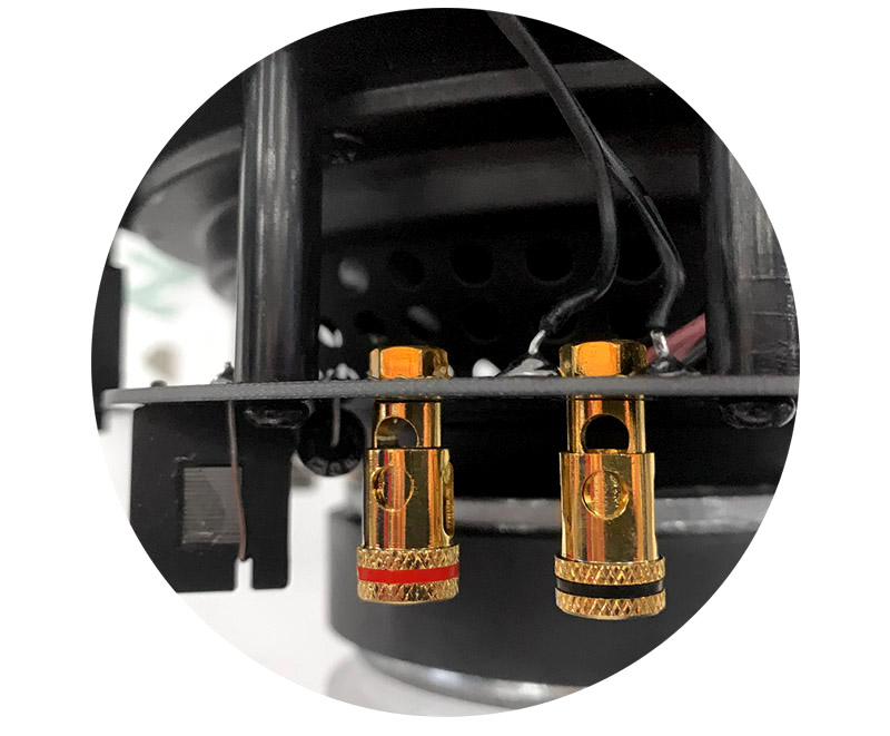 Red Atom speakers gold terminals